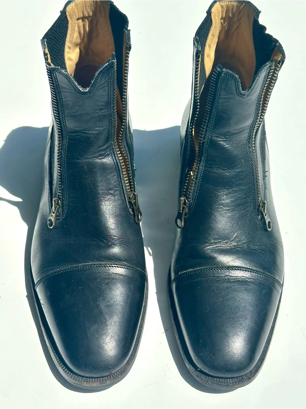 Tucci EZ Short Boots Double Zipper Stretch Panel Leather Black Riding Paddock 43